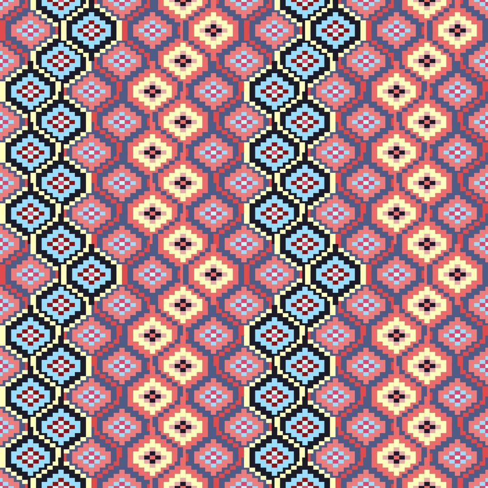 Geometric ethnic oriental seamless pattern. Axtec style embroidery floral pixel art background design for fabric, clothing, textile, scarf, wallpaper, table runner, wrapping, print, sarong vector