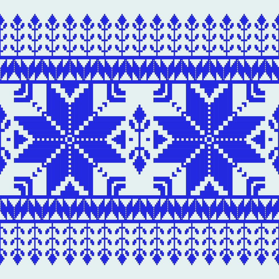 Geometric ethnic oriental seamless pattern. Axtec style embroidery floral pixel art background design for fabric, clothing, textile, scarf, wallpaper, table runner, wrapping, print, sarong vector