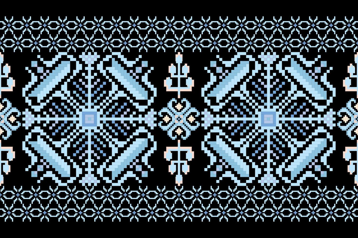Geometric ethnic oriental seamless pattern. Axtec style embroidery floral pixel art background design for fabric, clothing, textile, scarf, wallpaper, table runner, wrapping, print, sarong vector