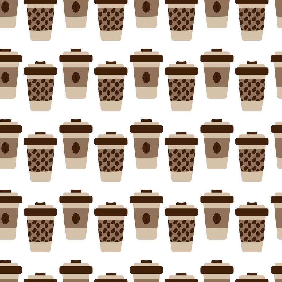 Disposable cups with lid, patterned holder Seamless pattern in trendy soft coffee shades Background vector