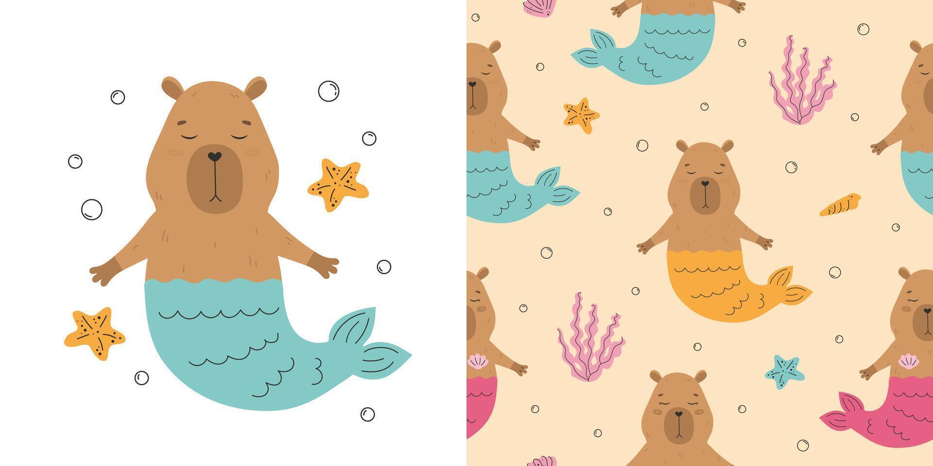 Funny capybara with mermaid tail seamless pattern vector