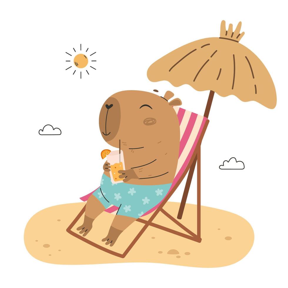 Capybara with orange juice sunbathing on the beach vector