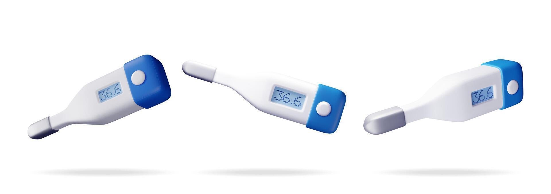 3d conjunto de electrónico termómetro para medición. hacer colección de digital termómetro demostración temperatura. cuidado de la salud hospital médico diagnósticos urgencia emergencia servicios. vector