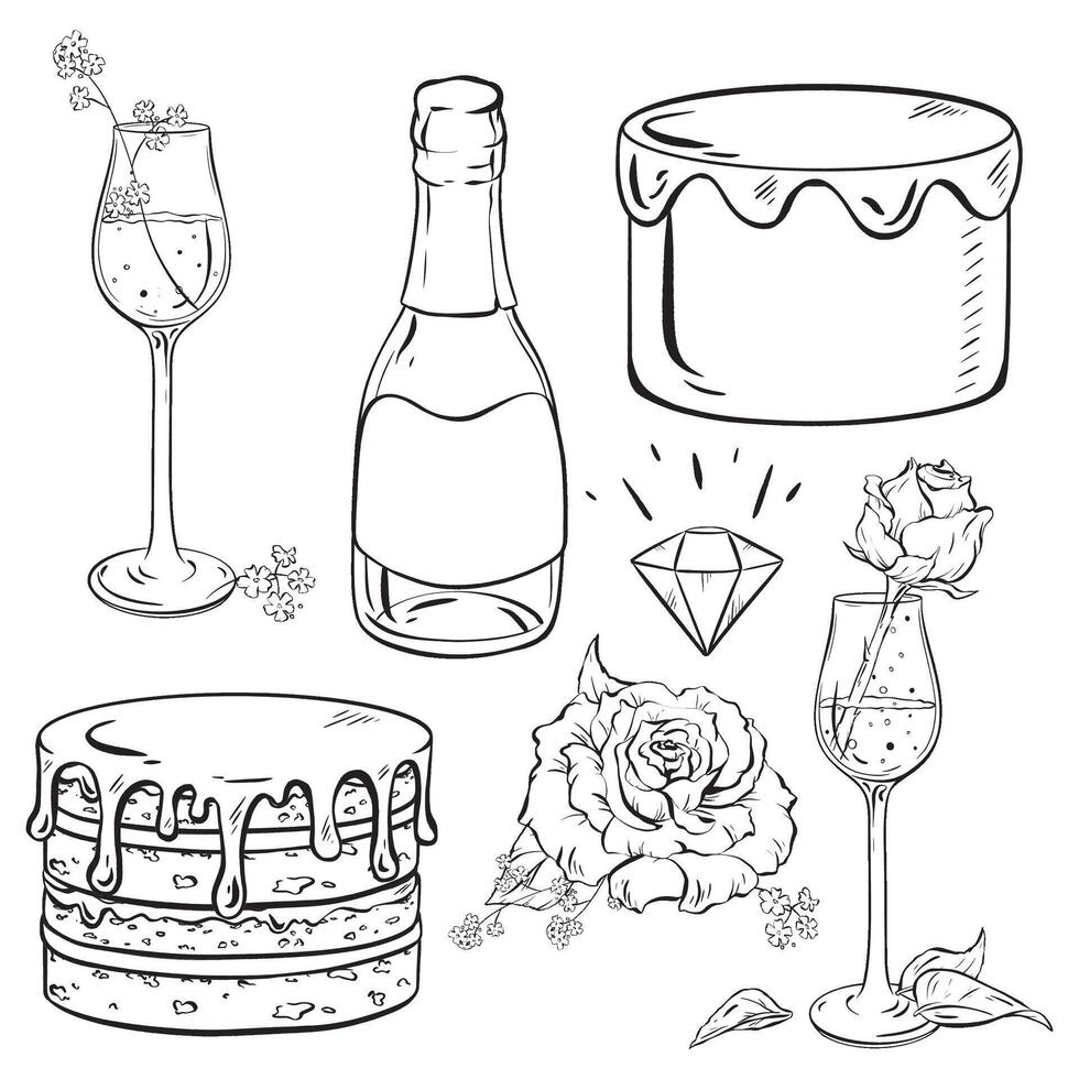 Monochromatic drawing with drinkware, bottle, and diamond on table vector