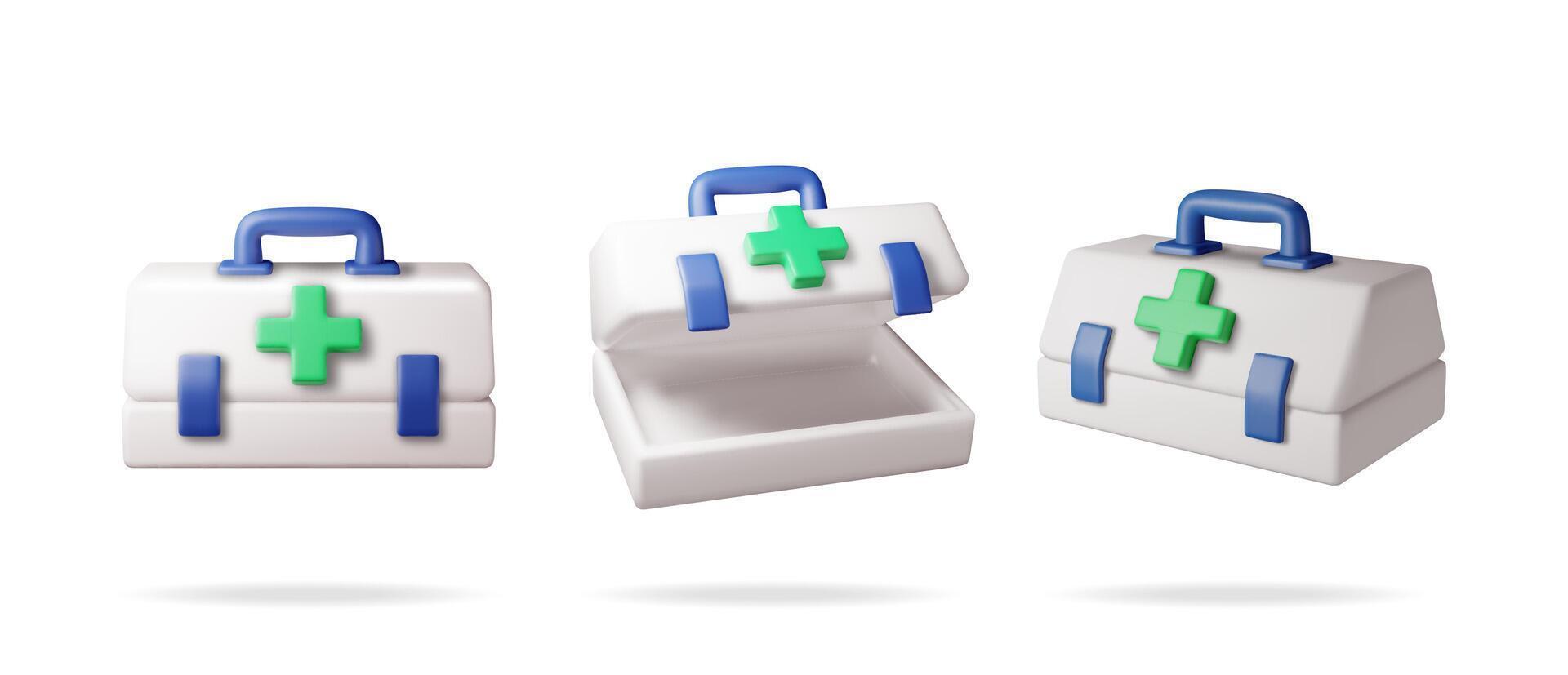 3d set of first aid kit with green cross isolated. Render collection of plastic bag for medicine. Healthcare, hospital and medical diagnostics. Urgency and emergency services. vector
