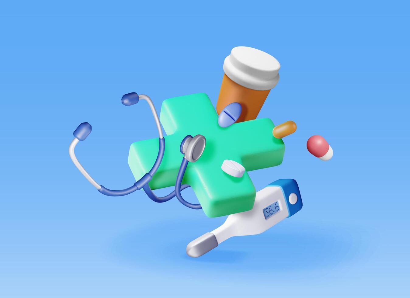 3d first aid kit with stethoscope, thermometer and pill container. Render medicine cross and tablets. Healthcare, hospital and medical diagnostics. Urgency and emergency services. vector