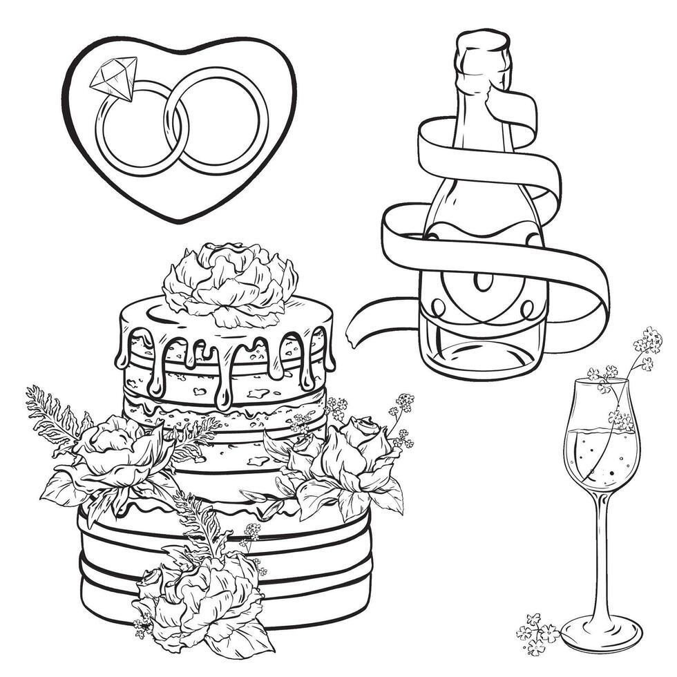 A monochrome drawing featuring drinkware, wedding cake, and rings vector