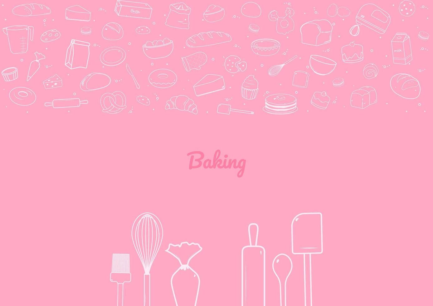 Baking utensils and bakery products on pink background vector