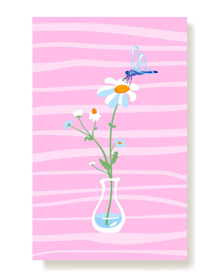 verano póster salvaje flores blanco margarita libélula vaso florero. sencillo salvaje salvaje flor planta modelo rosado tarjeta vertical fondo de pantalla tela embalaje paño fondo de pantalla textil vector