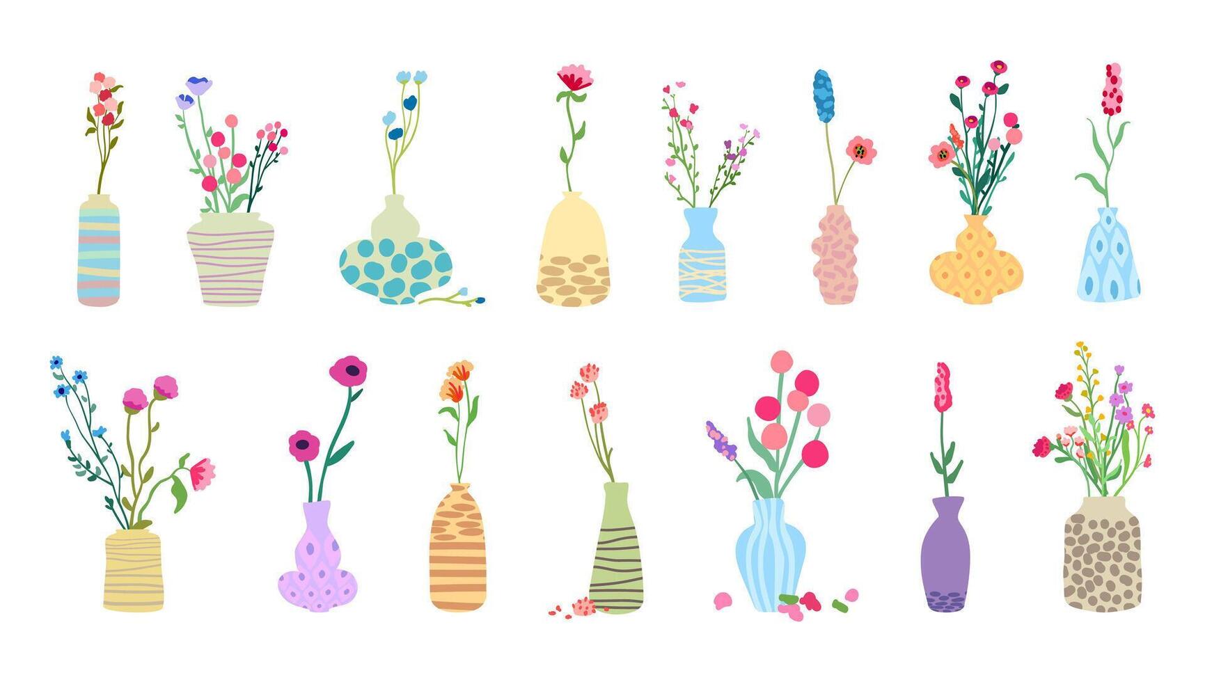 Big set of delicate graceful wildflowers 15 bouquets retro vase tall stems foliage. Simple floral elements Wild plants isolated white background Flat illustration vector