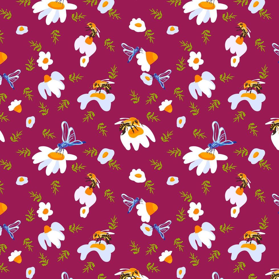 Seamless pattern daisy dragonfly Burgundy background postcards posters banners Spring summer fabric clothing Suitable wrapping paper wallpaper Textile template vector