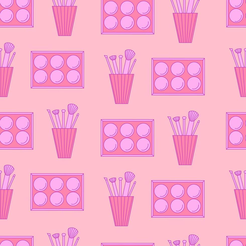 Seamless pattern of decorative cosmetics. Eyeshadow palette and makeup brushes. illustration vector