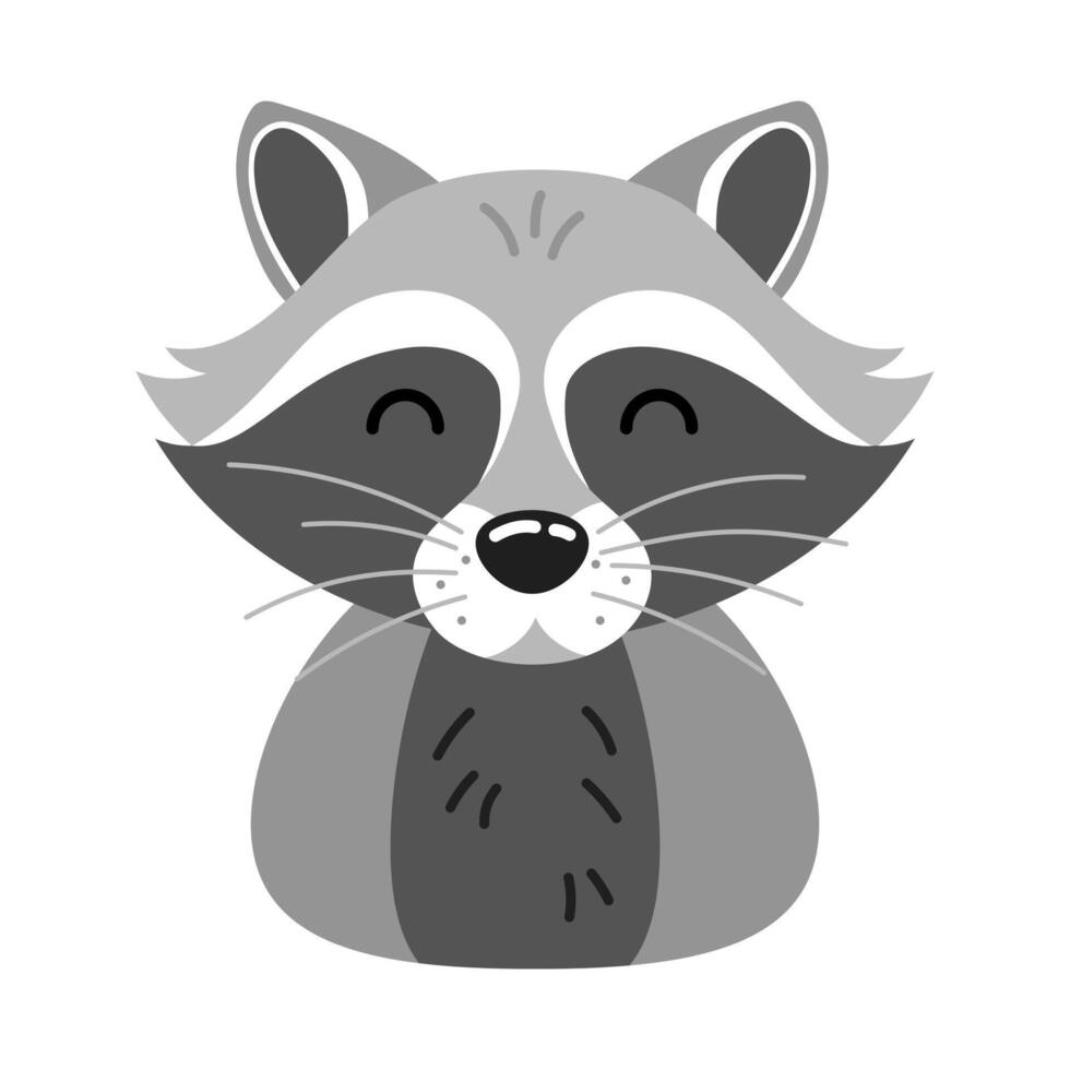 Cute cartoon raccoon head character in flat style. Forest animal for logo, print, greeting card. vector