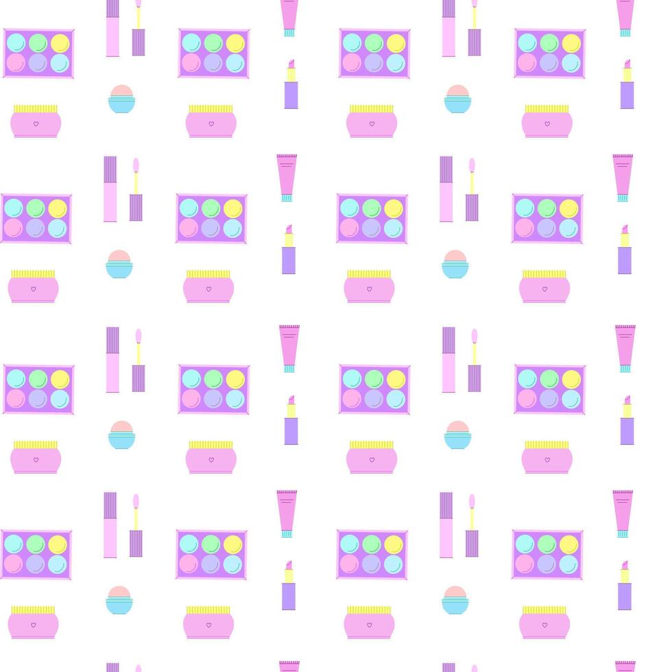 Bright seamless pattern of decorative cosmetics. Eyeshadow palette, gloss, lipstick, cream. illustration vector