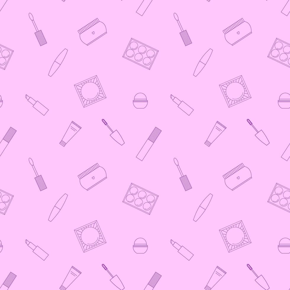 Seamless pattern of decorative cosmetics. Eyeshadow palette, blush, mascara, gloss, lipstick, cream, makeup brushes. illustration vector