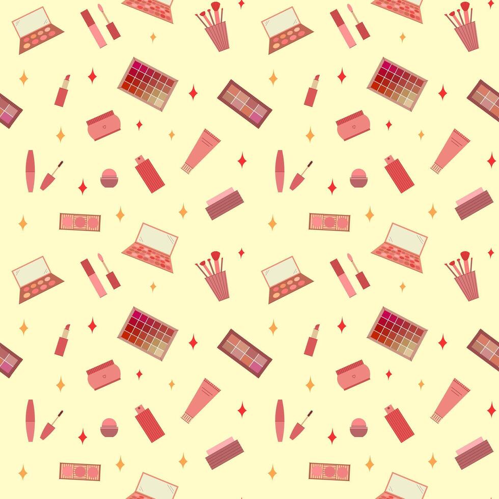 sin costura modelo de decorativo productos cosméticos. sombra paleta, rubor, máscara, brillo, lápiz labial, crema, maquillaje cepillos ilustración vector