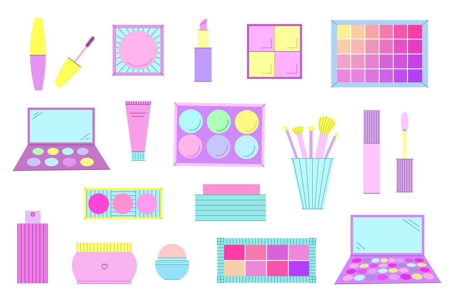 conjunto de decorativo productos cosméticos. sombra paleta, rubor, máscara, brillo, lápiz labial, crema, hacer arriba cepillos vector