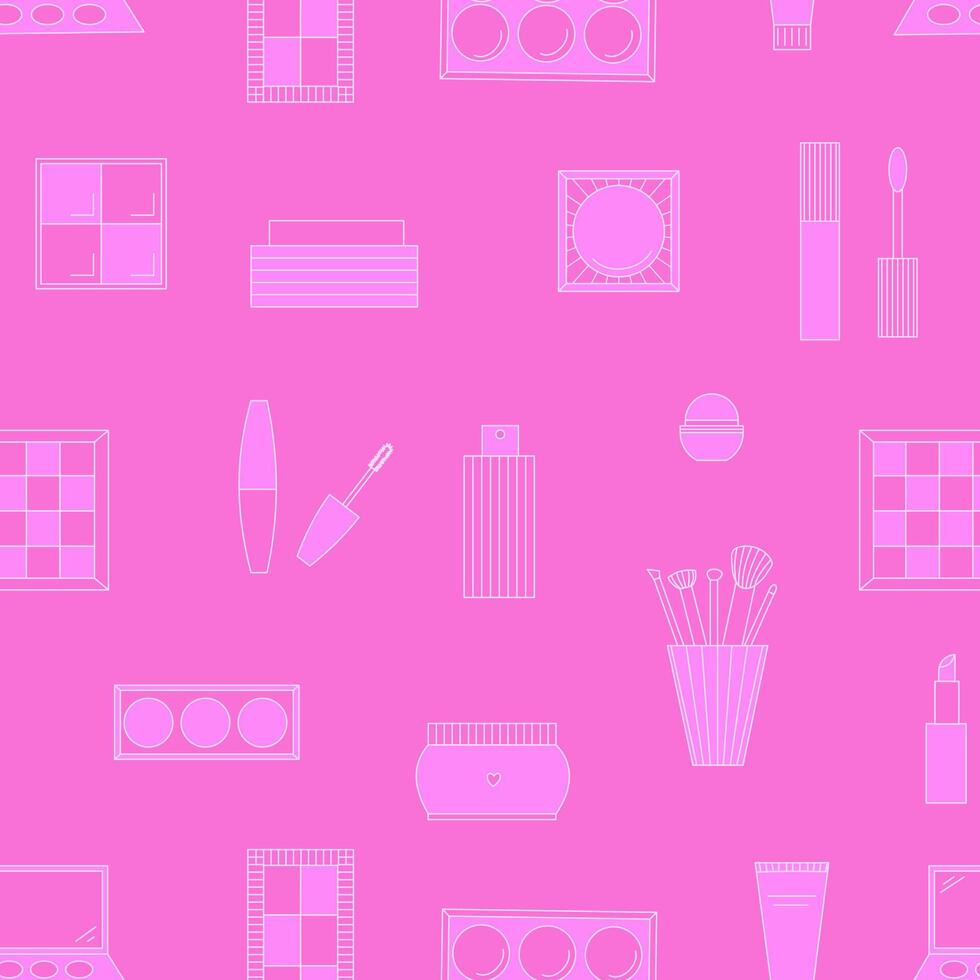 Seamless pattern of decorative cosmetics. Eyeshadow palette, blush, mascara, gloss, lipstick, cream, makeup brushes. illustration vector