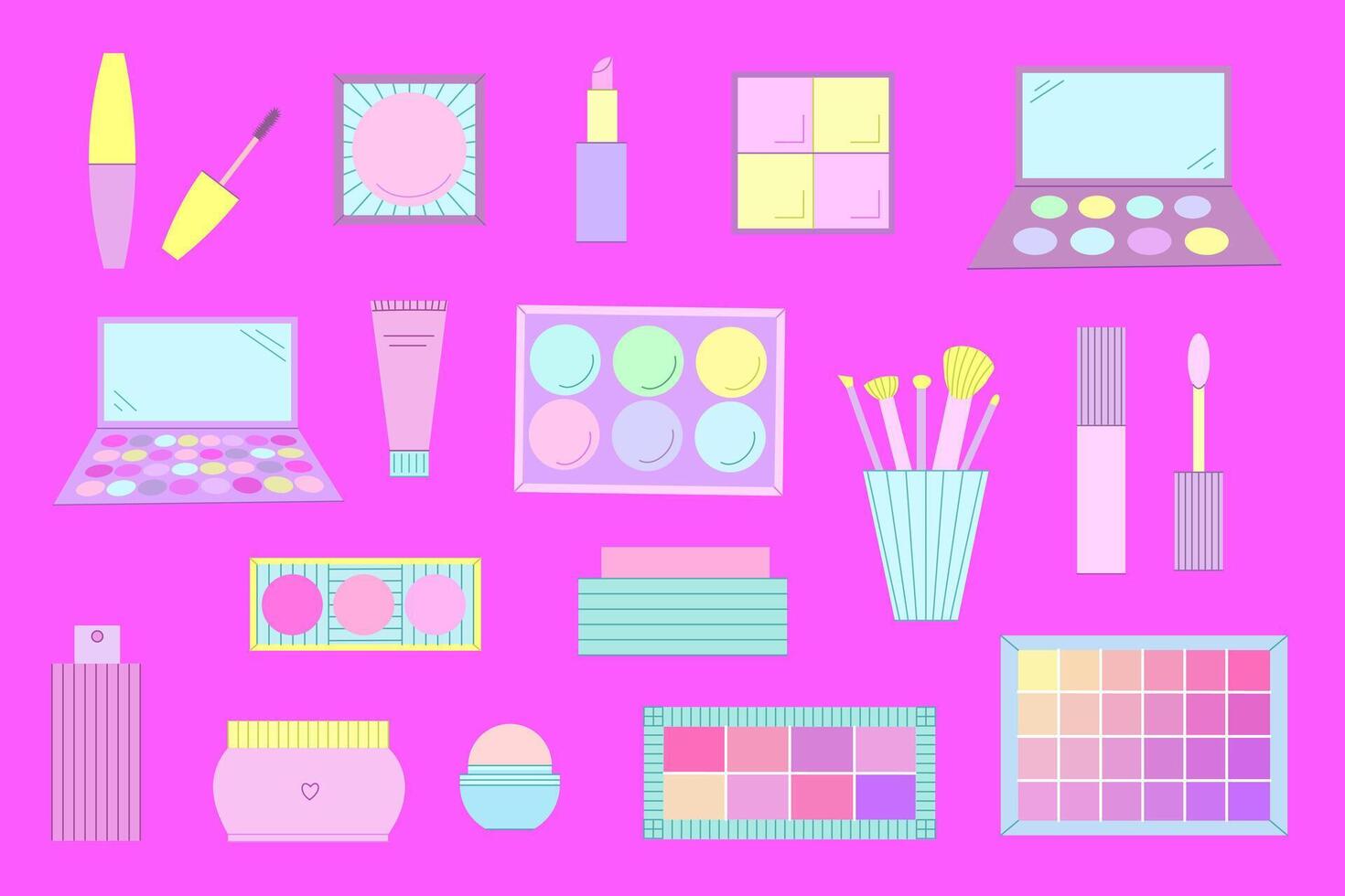 Set of decorative cosmetics. Eyeshadow palette, blush, mascara, gloss, lipstick, cream, make up brushes vector