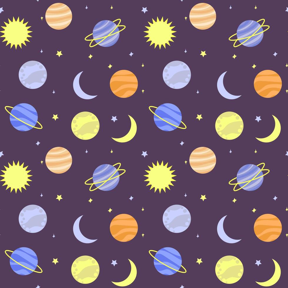 Pattern of space planets stars and moon. Flat illustration vector