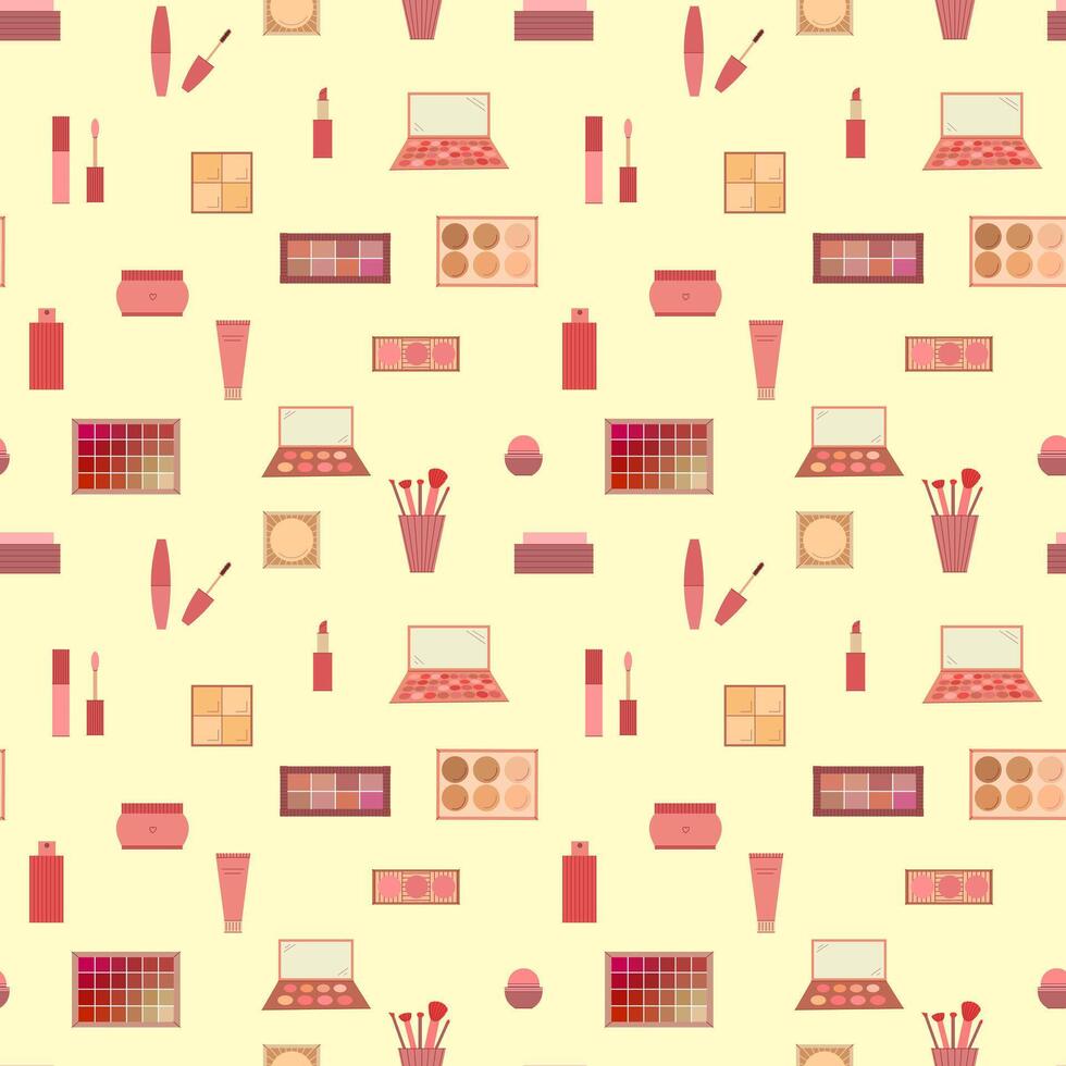 sin costura modelo de decorativo productos cosméticos. sombra paleta, rubor, máscara, brillo, lápiz labial, crema, maquillaje cepillos ilustración vector