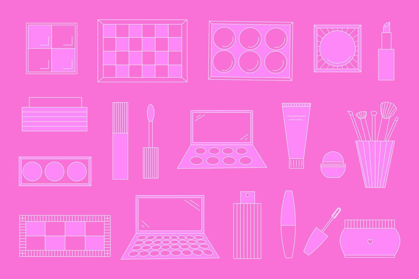 Set of decorative cosmetics. Eyeshadow palette, blush, mascara, gloss, lipstick, cream, make up brushes vector