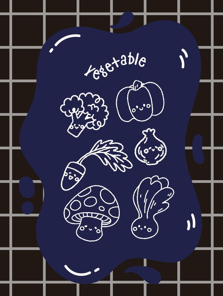 flat design outline cute kawaii fruit and vegetable doodle drawing illustration vector