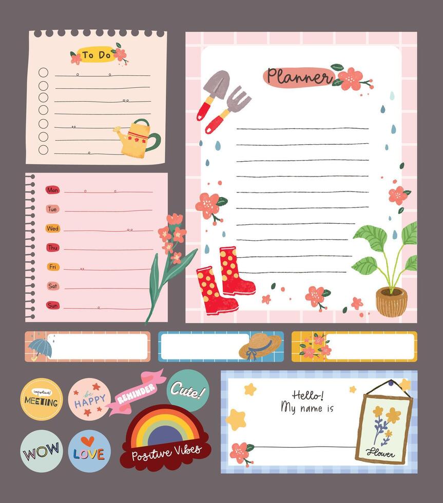 plano diseño linda kawaii diario notas pegatina y etiqueta imprimible colección conjunto vector