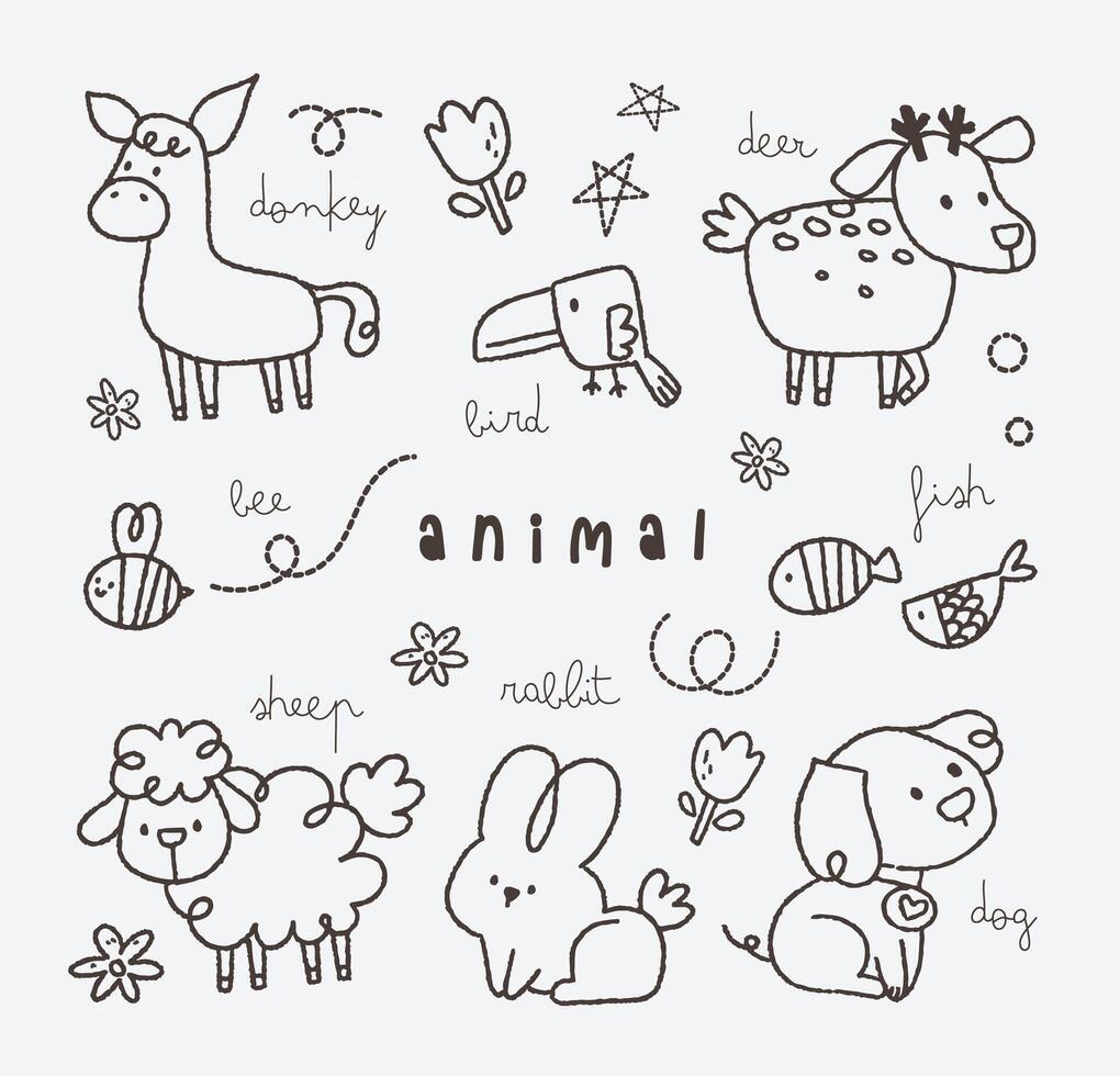 flat design outline cute kawaii animal doodle drawing illustration vector