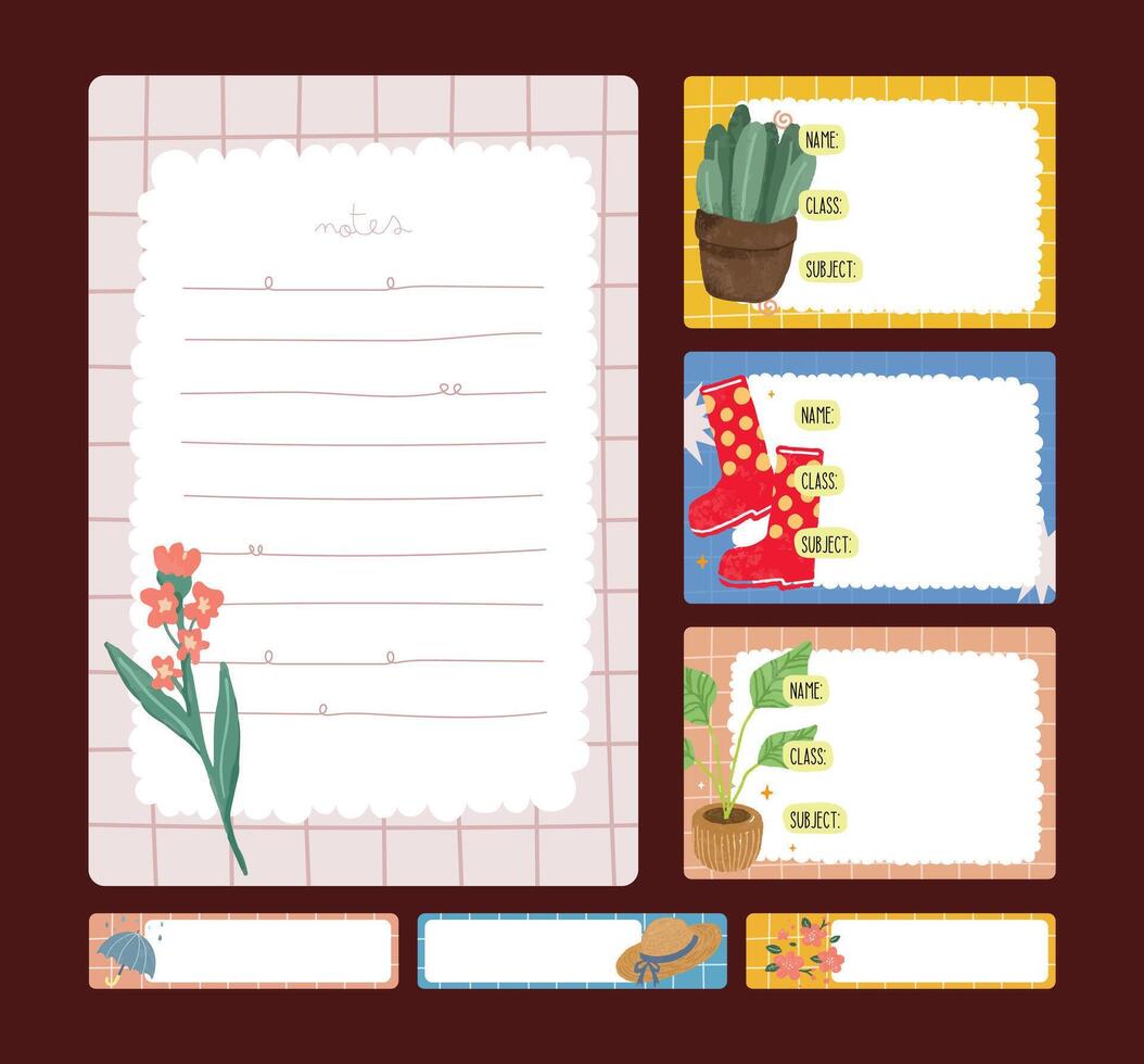 flat design cute colorful garden theme journal note planner template stationary vector