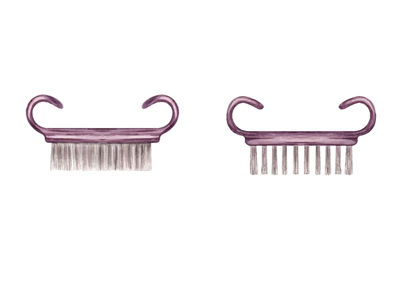 Handle Grip Nail Brush. Men and Women Pedicure Brushes. Fingernail Scrub Cleaning Brushes for Toes and Nails Cleaner. Manicure tools for home and salon use. Watercolor illustration. vector