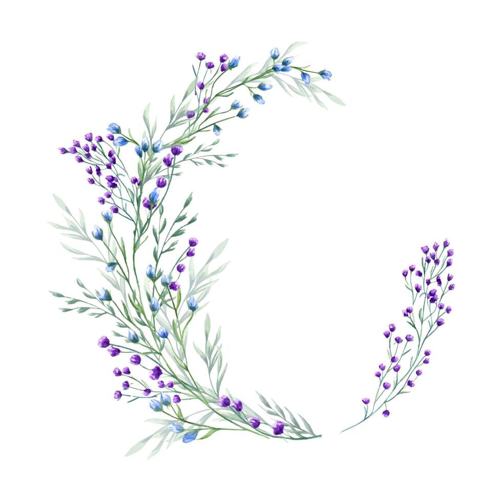 púrpura, azul flores y espiguilla primavera, verano verde hierbas. guirnalda de prado, bosque flores silvestres floral marco de floreciente campo plantas. acuarela ilustración con Copiar espacio para texto. vector