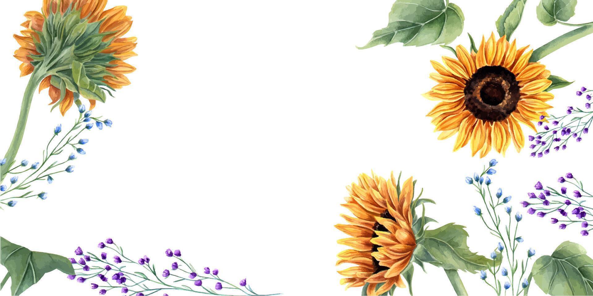 girasoles y resumen salvaje plantas. azul, naranja amarillo flores floral verano composición con Copiar espacio para texto. acuarela ilustración para Boda plantillas, cumpleaños saludos vector