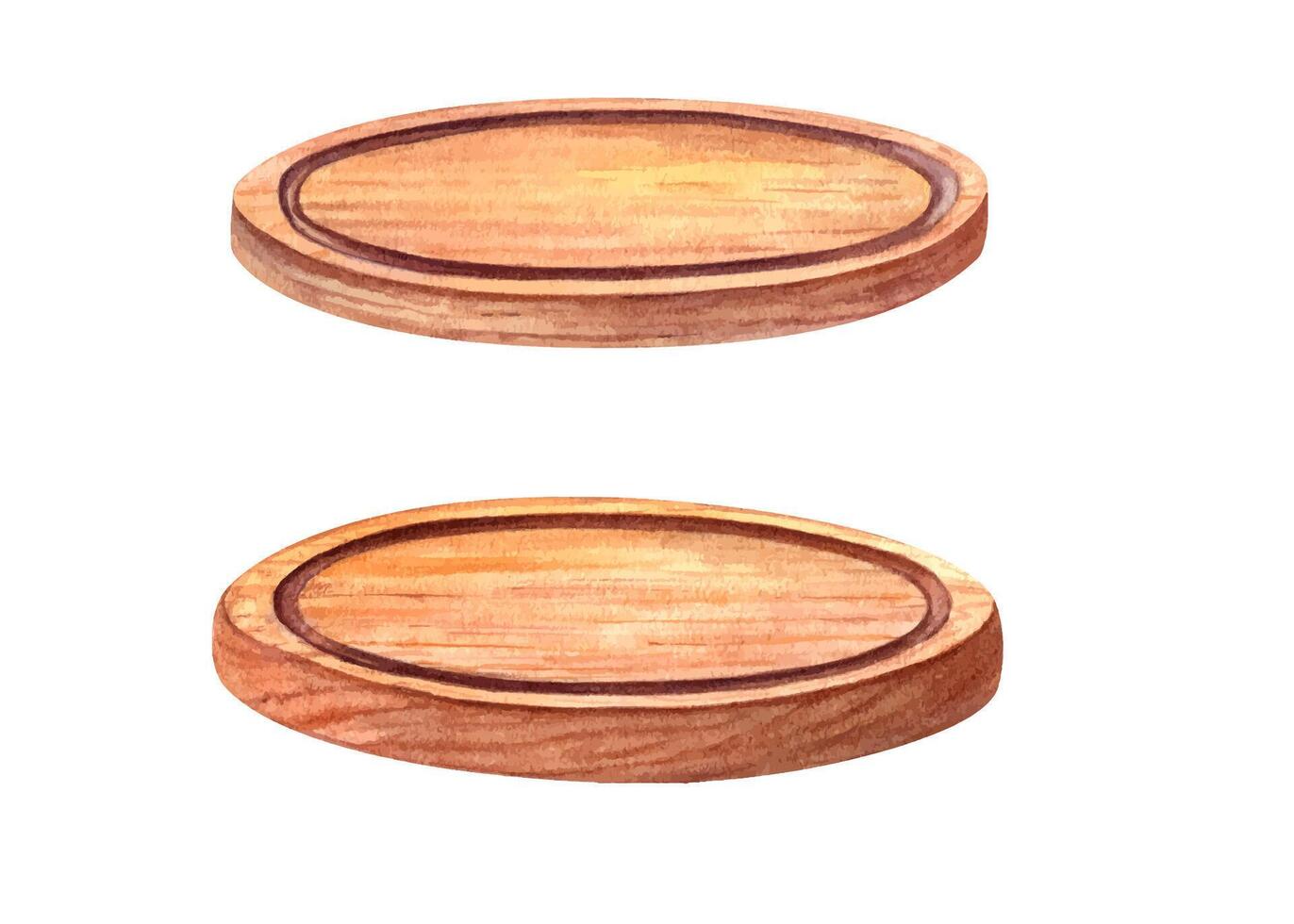 Set of round wooden chopping boards. Trays for cutting or serving food. Polished brown Pizza Plate. Kitchen tableware in isometric. Watercolor illustration. For cooking design, restaurant, menu. vector