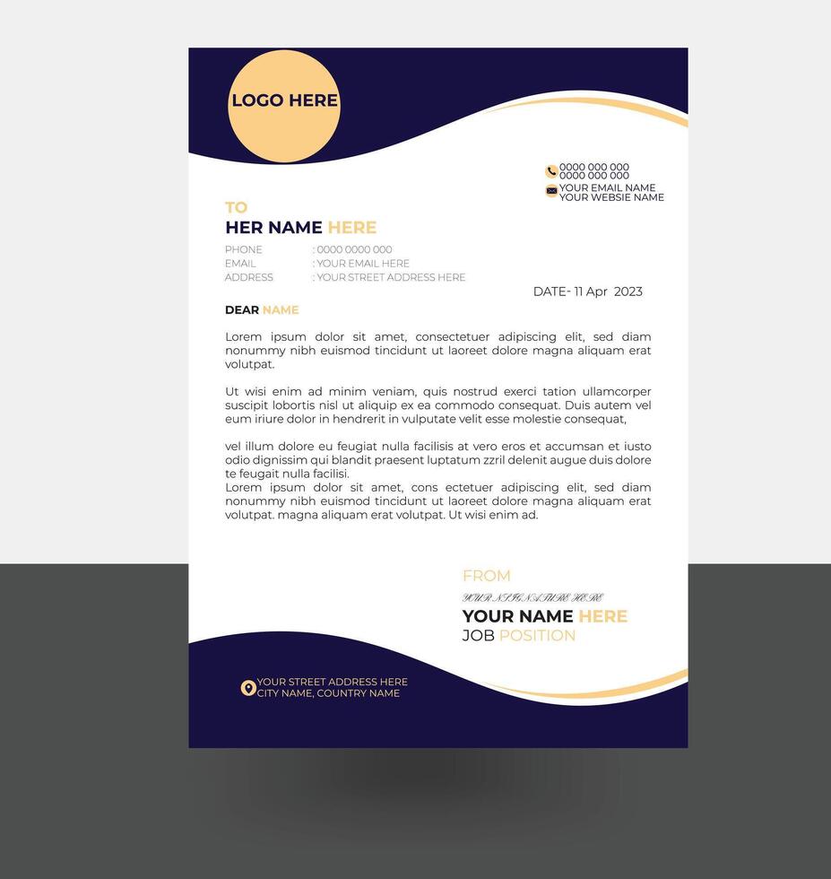 letterhead yellow and dark blue letterhead design template vector