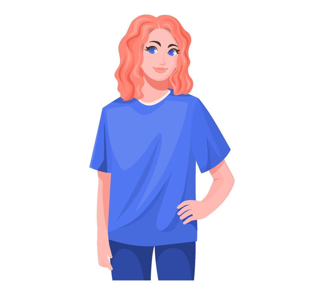 Young woman with curly red hair wearing blue t-shirt. Cartoon portrait of a girl in sports clothes. Casual style and everyday fashion concept. vector