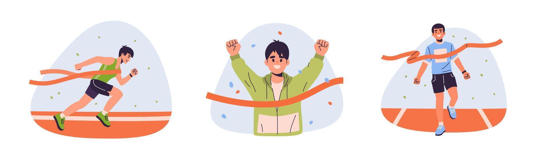 Marathon runners crossing finish line. Illustrations of male athletes celebrating victory. Sports competition and personal achievement concept. Flat design style. vector
