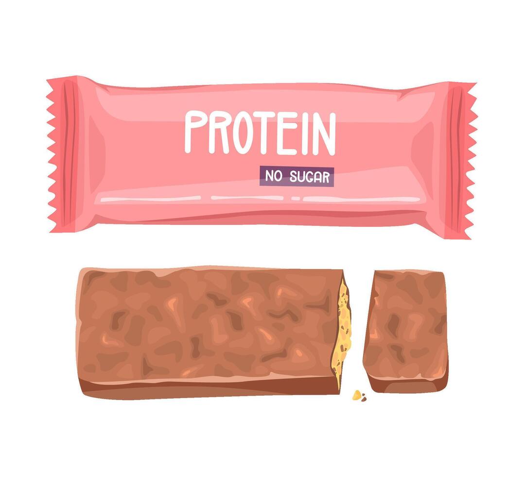 proteína bar con No azúcar en rosado embalaje y desenvuelto. sano bocadillo. aptitud concepto. vector