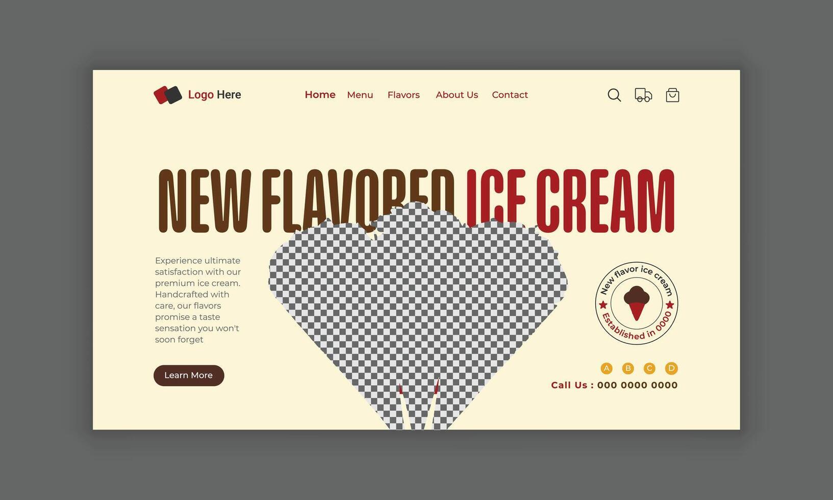 Ice cream website landing page, ice cream website home page, ice cream website header banner design, ice cream shop website hero section UI template vector