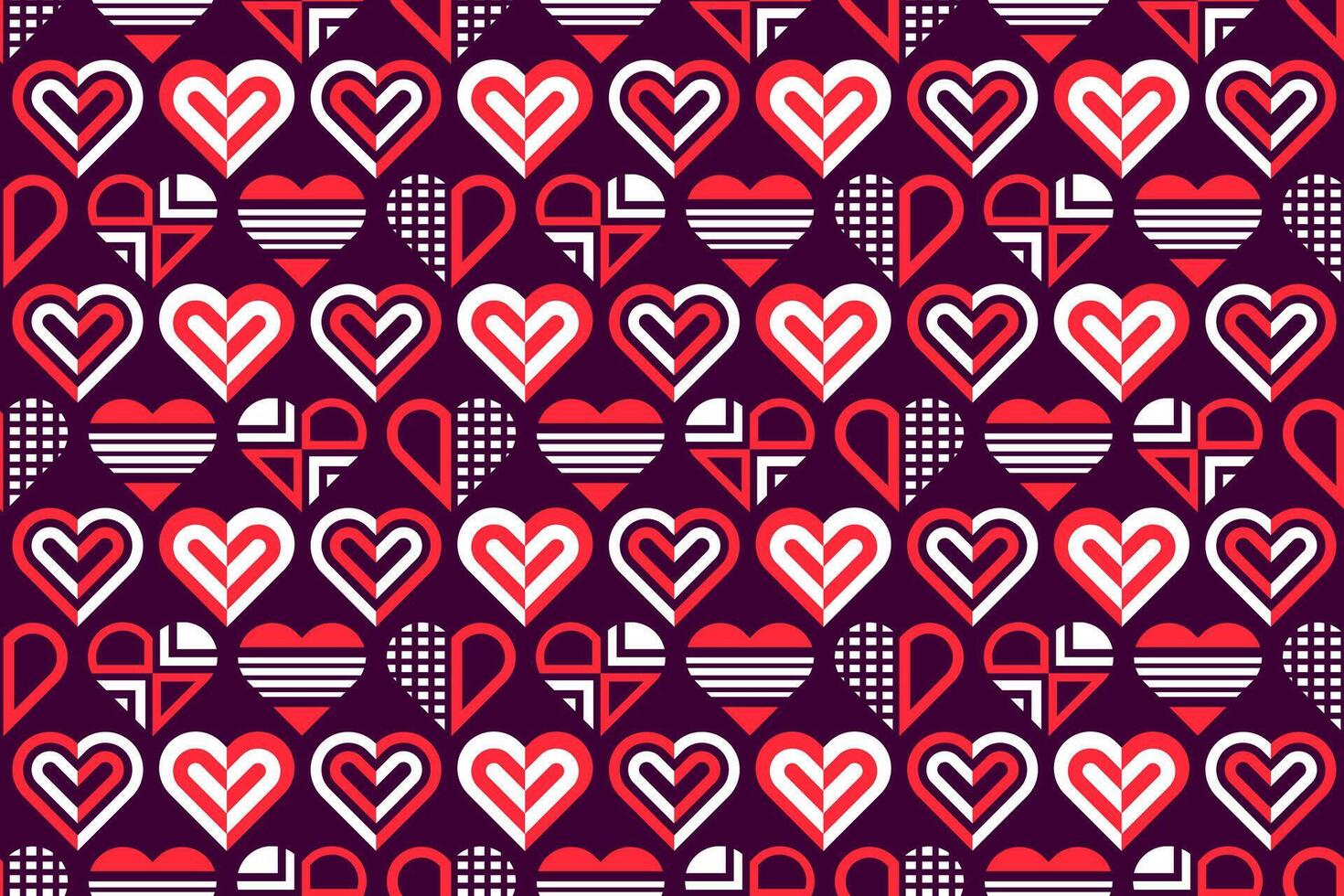 Abstract seamless red and white colored decorative, stylized geometric hearts. Endless repeating heart shapes, abstract pattern design vector