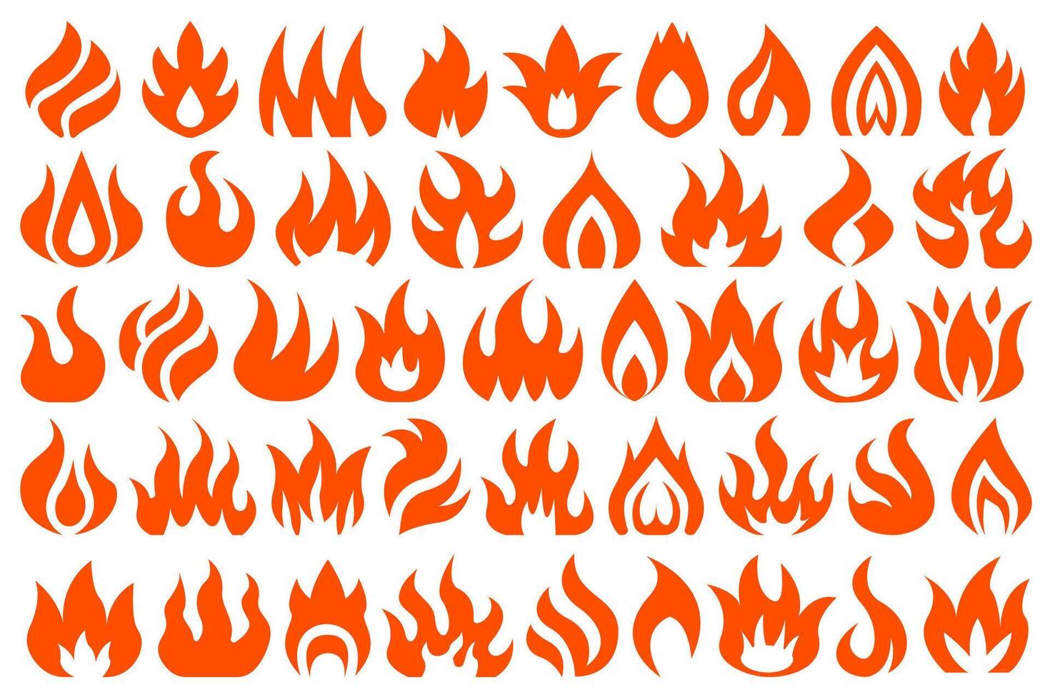 Hot burning red orange fire set. Collection of flat flaming fire design elements. Flame illustration set for logo, icon, design element for your projects. vector