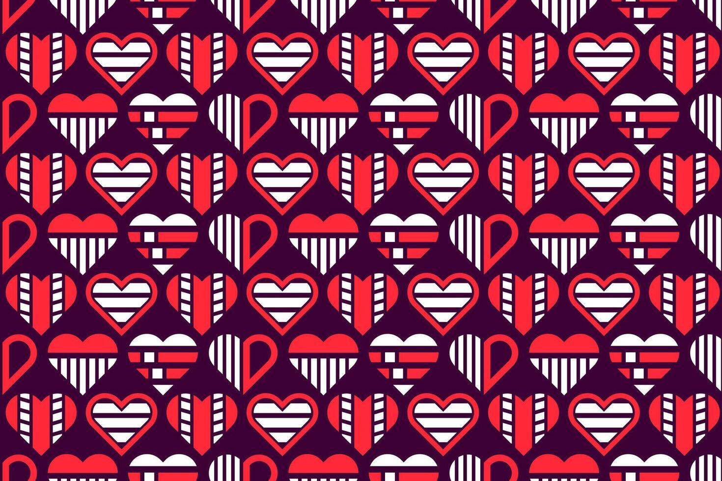 Abstract seamless red and white colored decorative, stylized geometric hearts. Endless repeating heart shapes, abstract pattern design vector