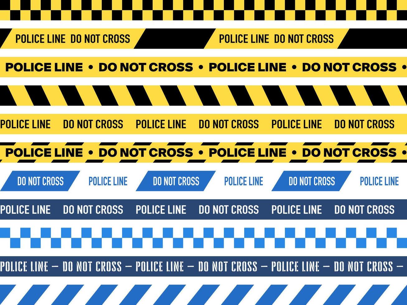 Police Warning Line Designs, Yellow and Blue Variations, Seamless Pattern. Attention, Do Not Cross Graphics Isolated on White Background vector