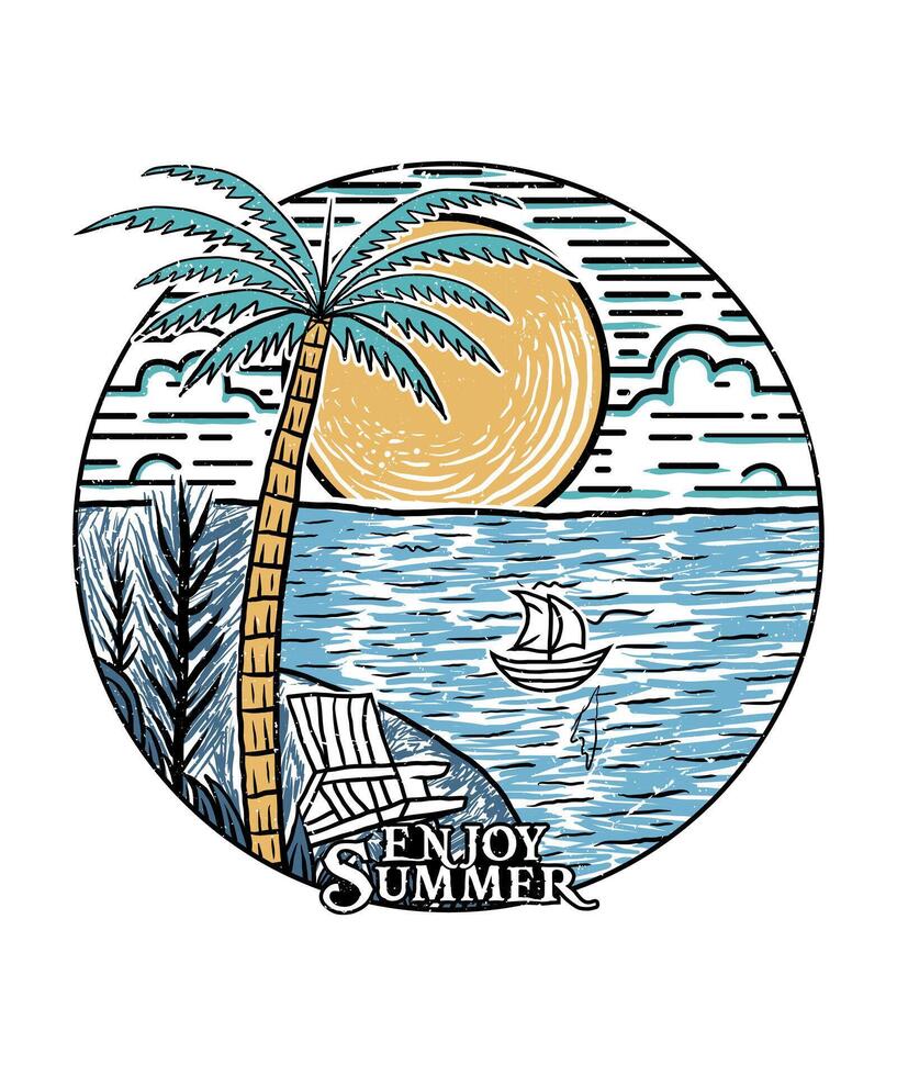 Enjoy summer in beach adventure line art t shirt design vector