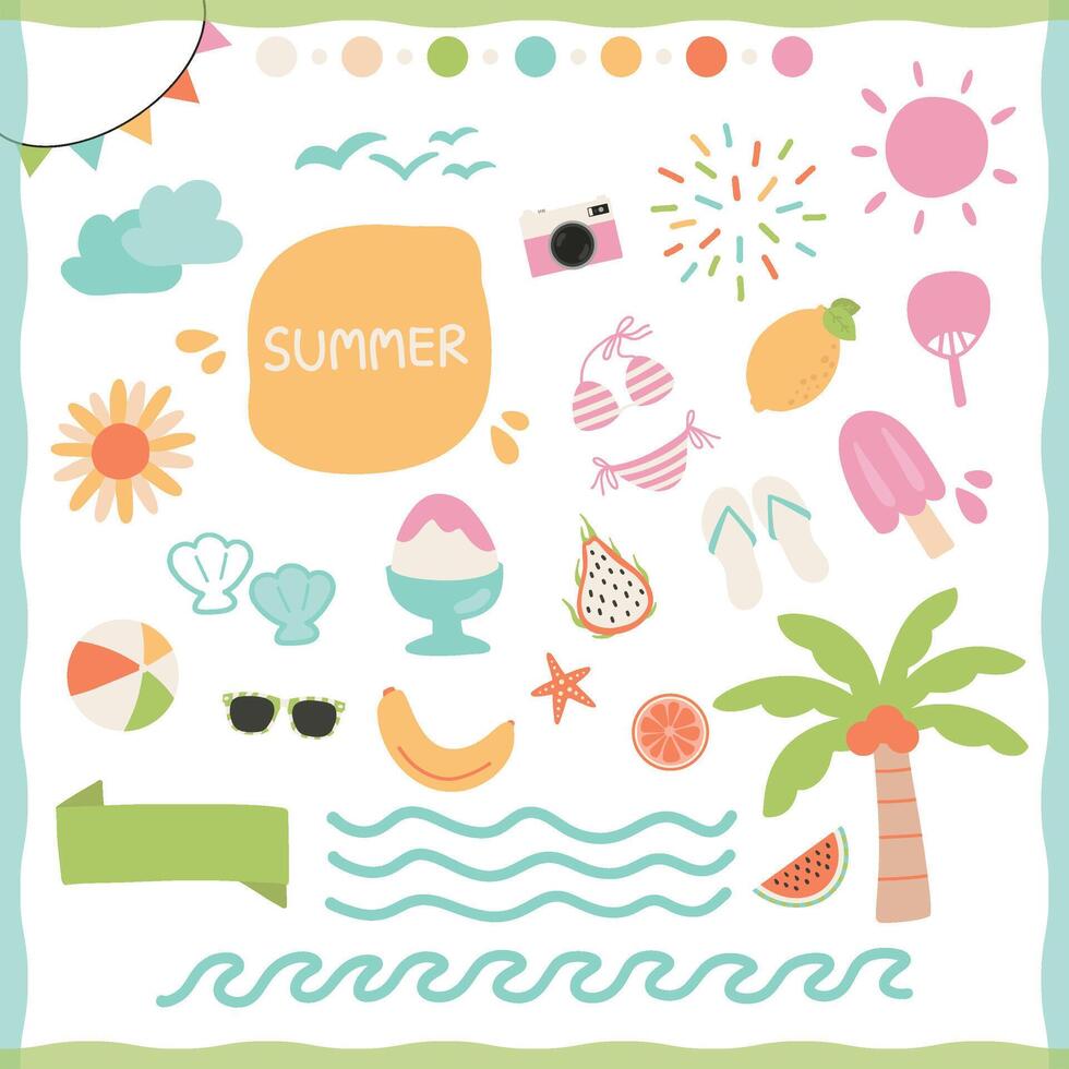 hand drawn children doodle illustration set of simple flat style summer holiday vibe sticker pack. Cute vacation elements in bright pastel colour. vector