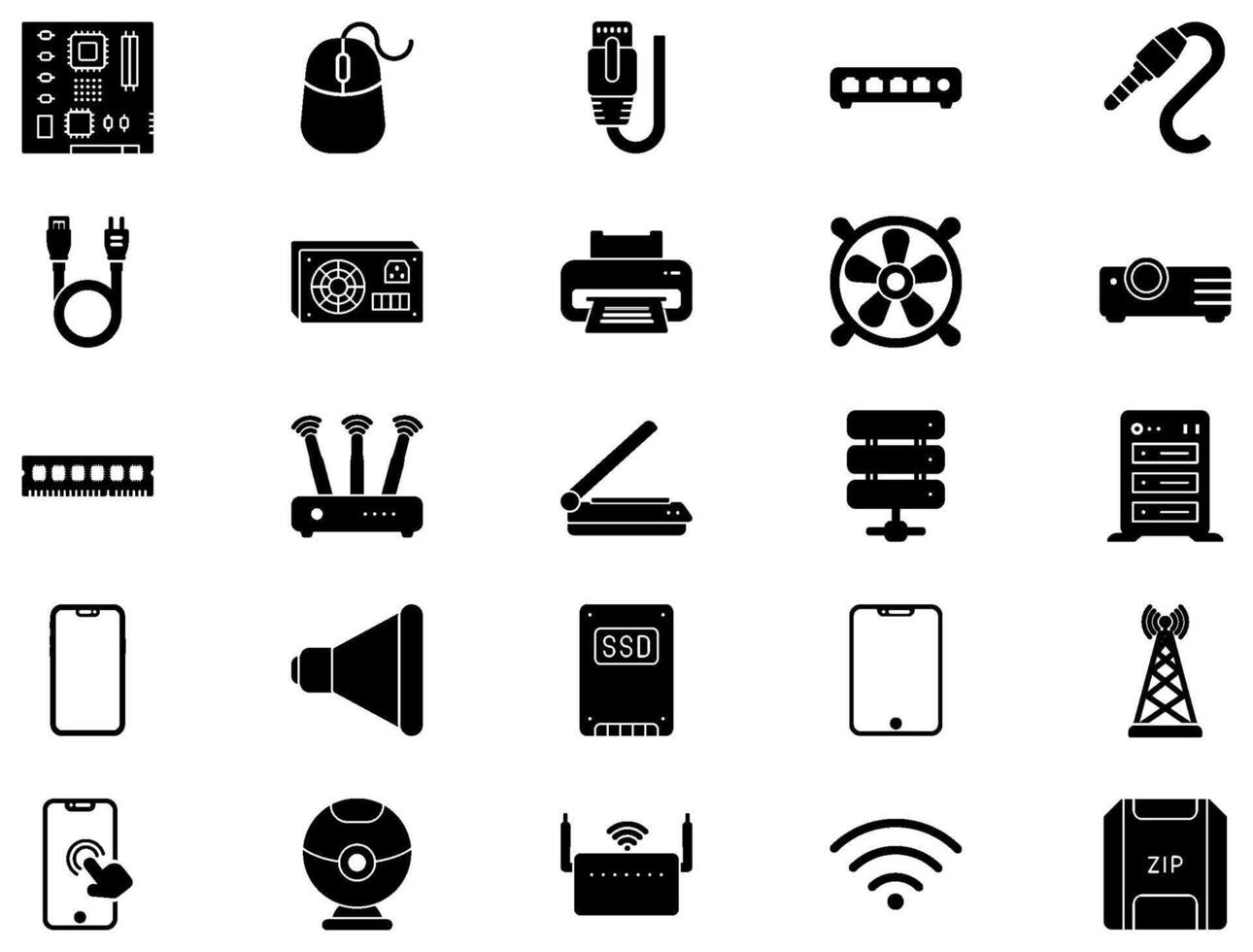 computadora hardware glifo icono pictograma símbolo visual ilustración conjunto vector