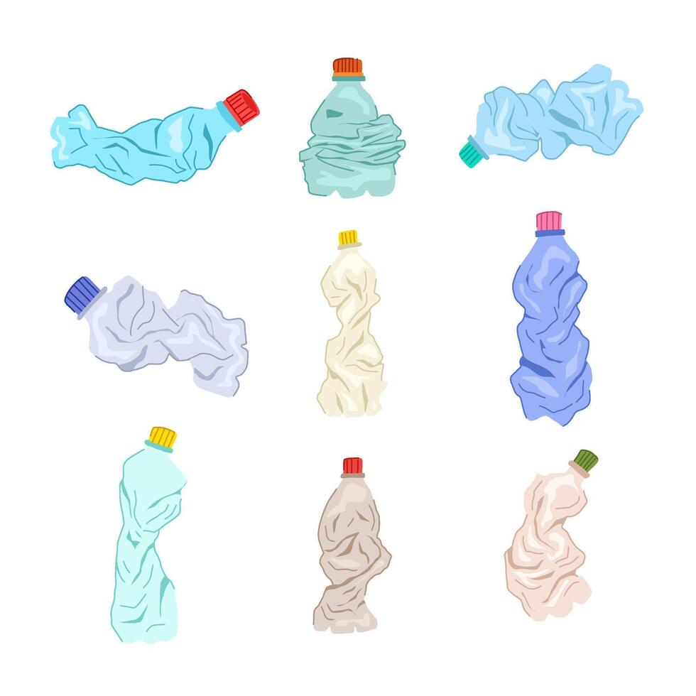 estropeado el plastico botella conjunto dibujos animados ilustración vector