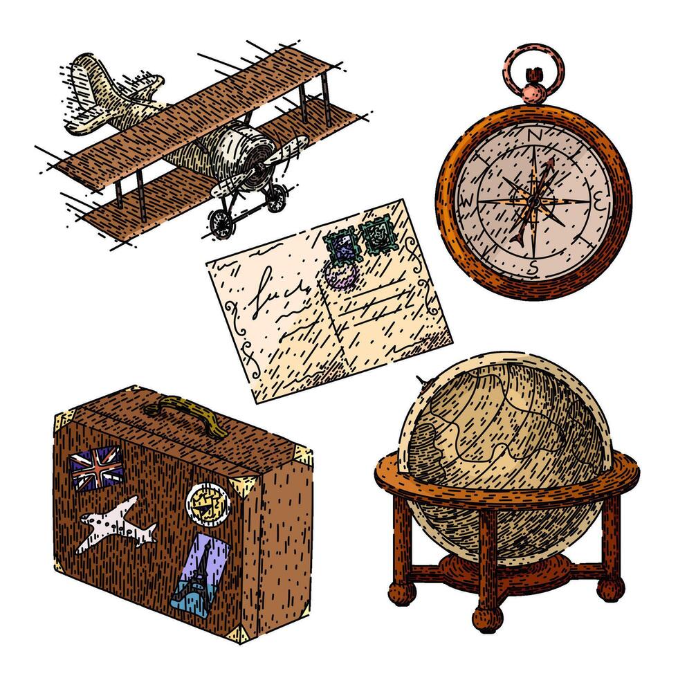 travel vintage set sketch hand drawn vector