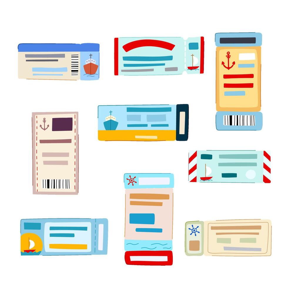 cruise ship ticket set cartoon illustration vector