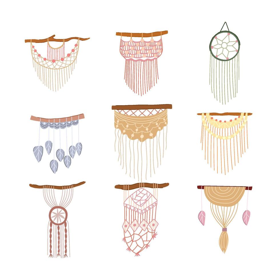 macrame wall hanging set cartoon illustration vector